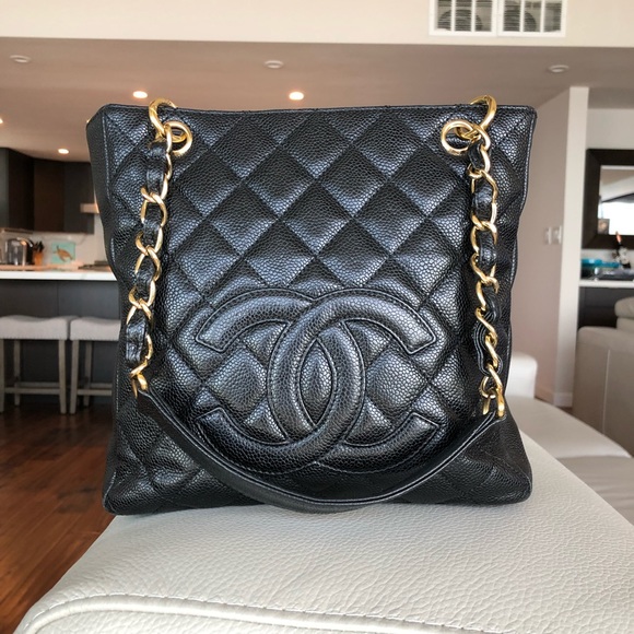 CHANEL Handbags - Chanel Black Caviar Petite Shopping Tote w/gold
